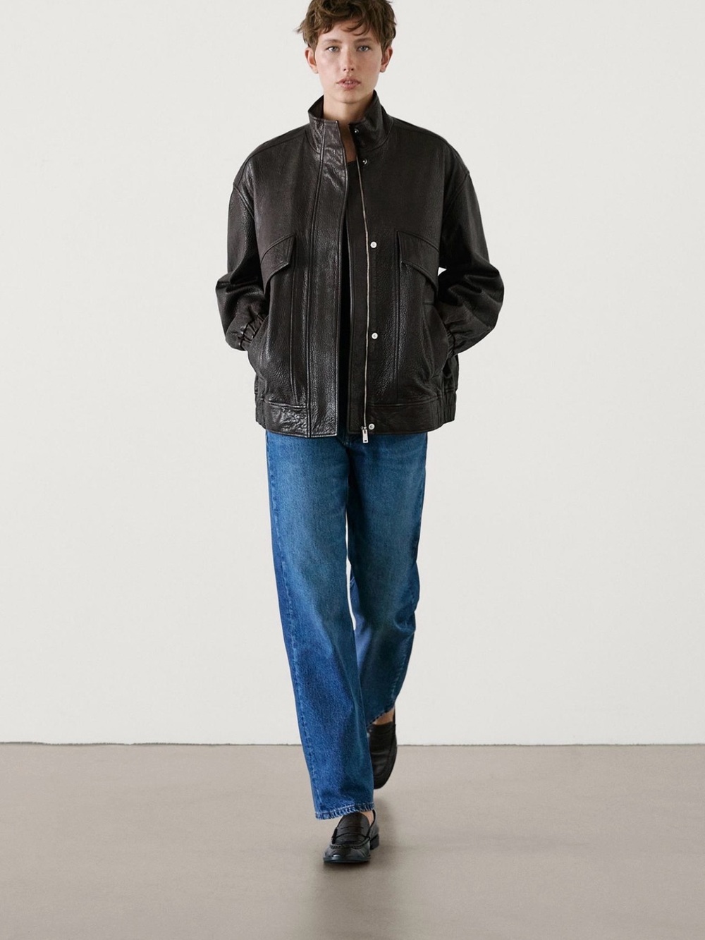 Massimo Dutti brown Leather Bomber Jacket - Classic Zip Front